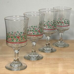 Set of 4 Arby's Christmas Holly Berry Goblets Stemmed Glasses Libbeys 1980s VTG